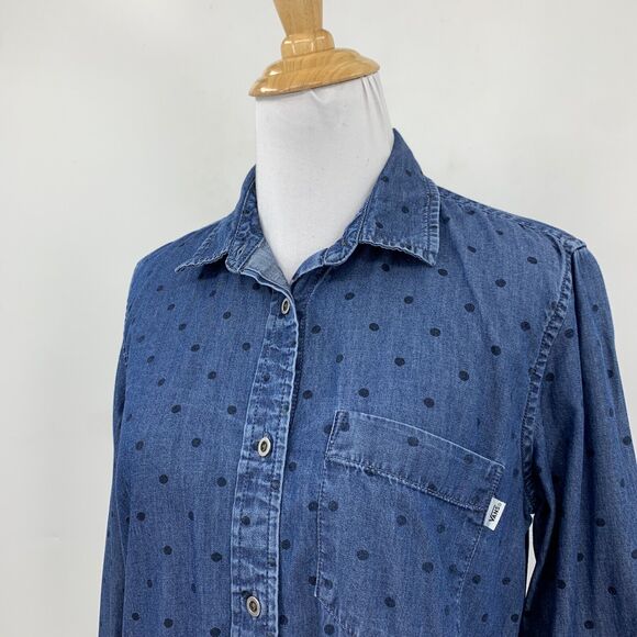 VANS Shirt Womens S Small Indigo Polka Dot Denim So Rowdy Droptail Spread Collar - Picture 3 of 13